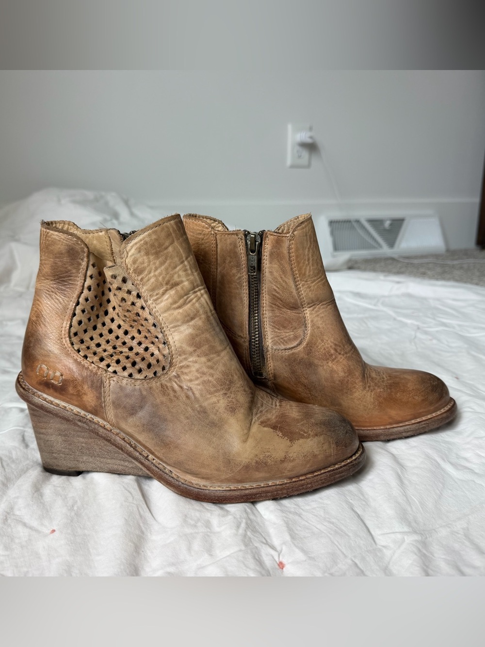 Bed Stu Tan Distressed Leather Wedge Ankle Booties